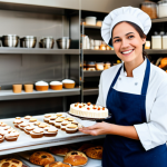 **

A professional baker, fully clothed in a clean, modest baking uniform, smiling warmly in a bright and well-organized bakery kitchen. She is holding a perfectly decorated cake. The background includes shelves stocked with baking ingredients and equipment. Safe for work, appropriate content, perfect anatomy, natural proportions, family-friendly, professional photography, high quality.

**
