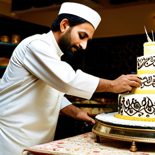 Home 14 Customized Sweets**
"A beautifully decorated, fully clothed baker putting the finishing touches on an elaborately designed cake for a wedding; the cake features delicate Urdu calligraphy and traditional Pakistani motifs; warm, inviting bakery setting in Lahore, Pakistan; soft, natural lighting; professional photography, perfect anatomy, correct proportions, appropriate attire, safe for work, family-friendly, high resolution, 8k."
**