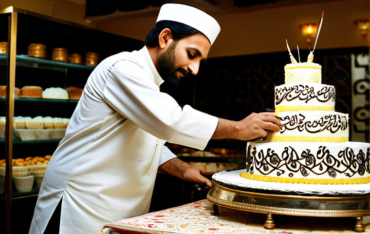 Customized Sweets**

"A beautifully decorated, fully clothed baker putting the finishing touches on an elaborately designed cake for a wedding; the cake features delicate Urdu calligraphy and traditional Pakistani motifs; warm, inviting bakery setting in Lahore, Pakistan; soft, natural lighting; professional photography, perfect anatomy, correct proportions, appropriate attire, safe for work, family-friendly, high resolution, 8k."

**