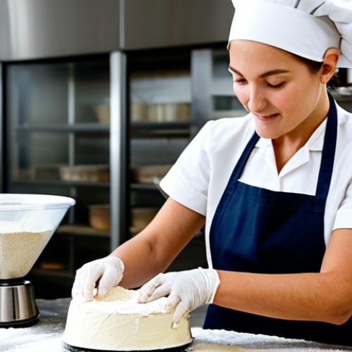 Home 7 Consistent Mixing**
"A baker meticulously measuring ingredients with a digital scale in a bright, clean bakery. Flour dusts the air. She wears a professional apron and a hairnet. Focus on precision and attention to detail. fully clothed, appropriate attire, safe for work, perfect anatomy, natural proportions, professional food photography, high quality, family-friendly."
**