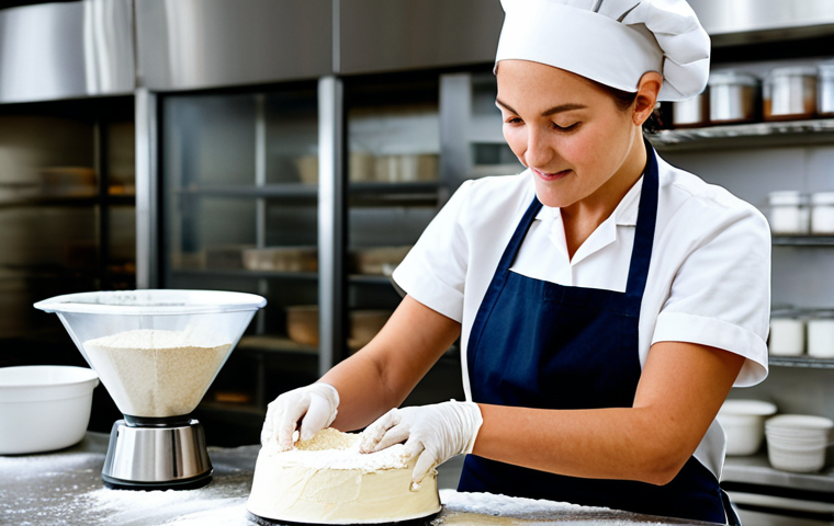 Consistent Mixing**

"A baker meticulously measuring ingredients with a digital scale in a bright, clean bakery. Flour dusts the air.  She wears a professional apron and a hairnet.  Focus on precision and attention to detail. fully clothed, appropriate attire, safe for work, perfect anatomy, natural proportions, professional food photography, high quality, family-friendly."

**
